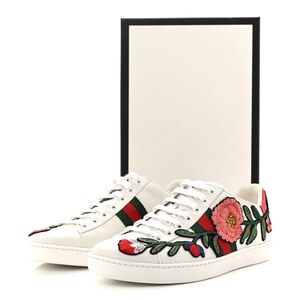 Authentic Gucci White Sneakers with Red Floral Embroidery